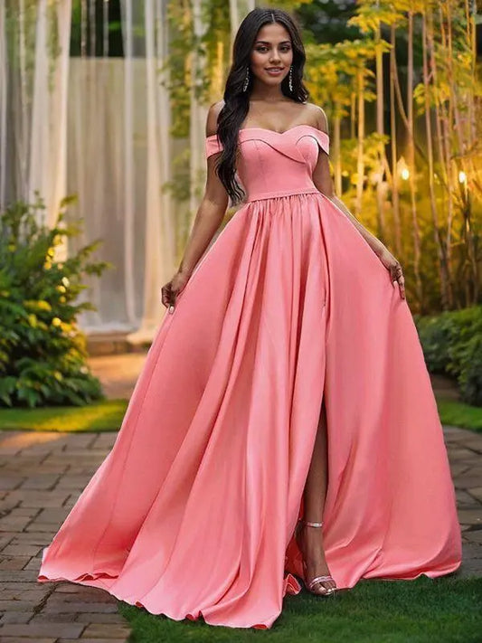 A-Line/Princess Satin Sleeveless Ruffles Off-the-Shoulder Court Train Dresses Prom Dresses With Slit