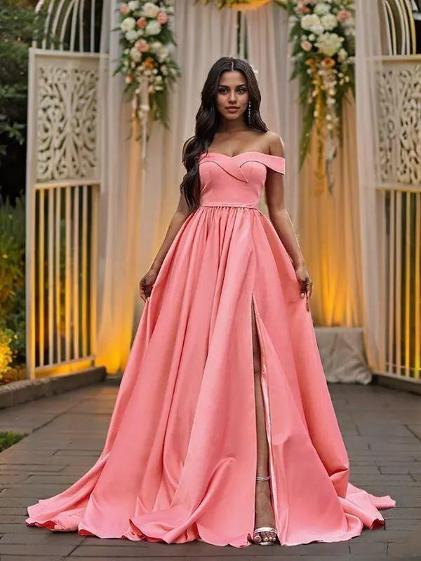A-Line/Princess Satin Sleeveless Ruffles Off-the-Shoulder Court Train Dresses Prom Dresses With Slit