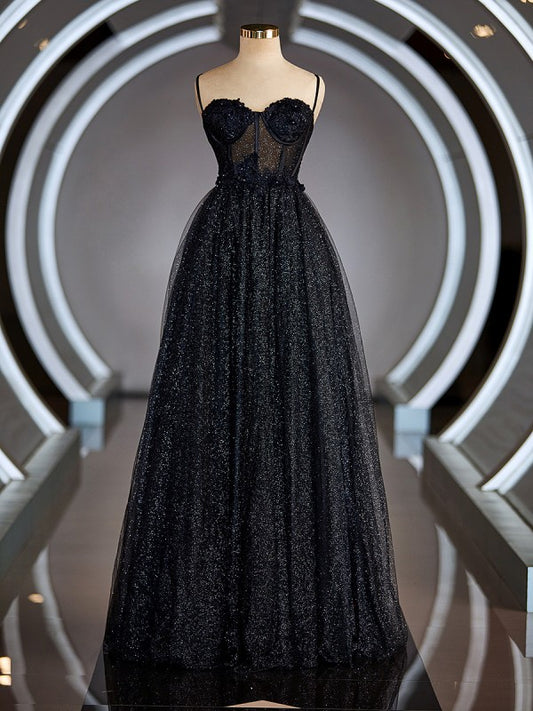A-Line/Princess Spaghetti Straps Floor-Length Evening Dresses Appliques Lace Prom Dress