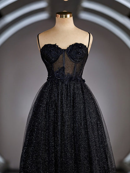 A-Line/Princess Spaghetti Straps Floor-Length Evening Dresses Appliques Lace Prom Dress