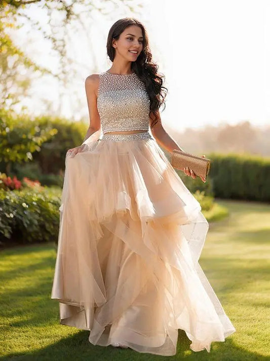 A-Line/Princess Tulle Beading Scoop Sleeveless Floor-Length Two Piece Dresses Prom Dresses With Multi Layer