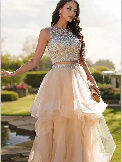 A-Line/Princess Tulle Beading Scoop Sleeveless Floor-Length Two Piece Dresses Prom Dresses With Multi Layer