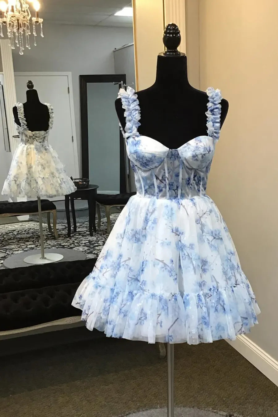 Xuewuba Formal Wear Dresses Blue Floral Printed Spaghetti Straps A-Line Short Corset Homecoming Dress Prom Dress In Store