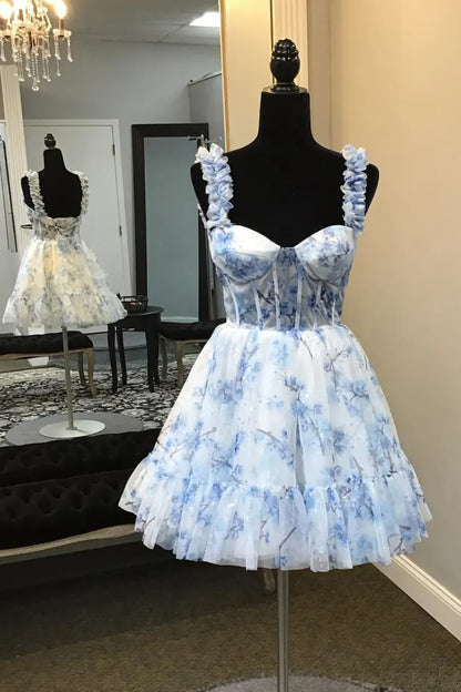 Xuewuba Formal Wear Dresses Blue Floral Printed Spaghetti Straps A-Line Short Corset Homecoming Dress Prom Dress In Store