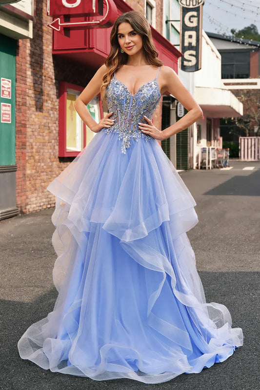 A-Line Spaghetti Strap Corset Sequin Applique Ruffle Sky Blue Train Prom Dress