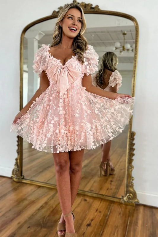 A-Line Puff Sleeves Short Tulle Homecoming Dress With Bowknot