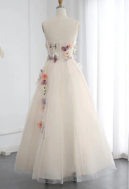 A-line 3D Floral Applique Strapless Tulle Prom Dress With Ankle Length
