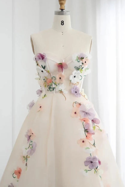 A-line 3D Floral Applique Strapless Tulle Prom Dress With Ankle Length