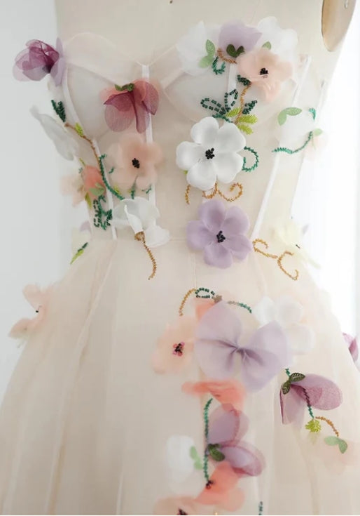 A-line 3D Floral Applique Strapless Tulle Prom Dress With Ankle Length