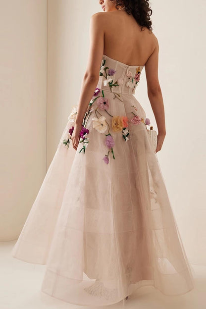 A-line 3D Floral Applique Strapless Tulle Prom Dress With Ankle Length