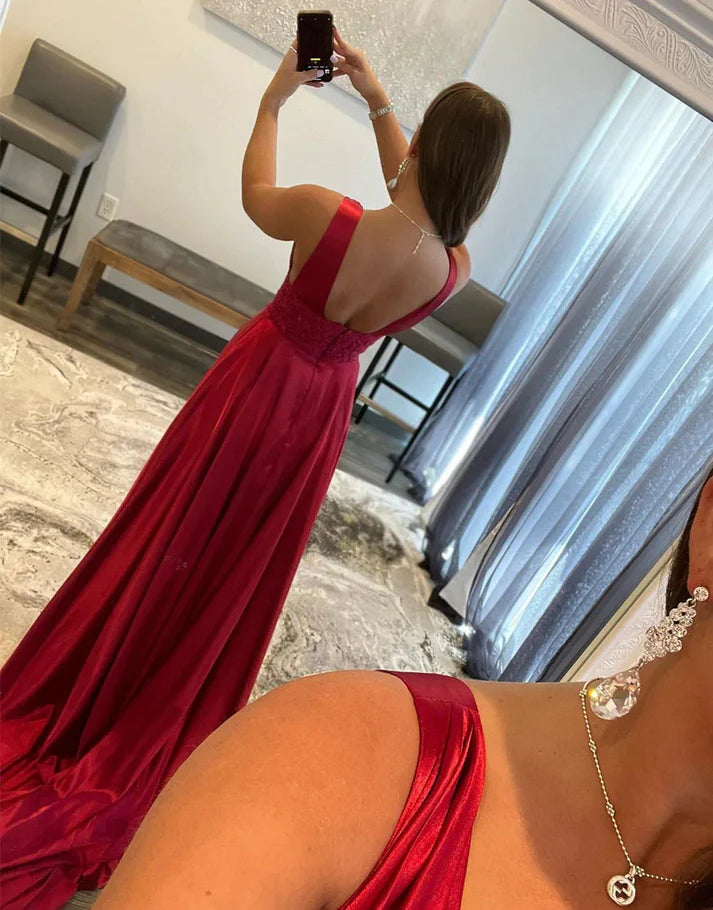 A-line Backless Deep V-neck Long Prom Dresses With Slit