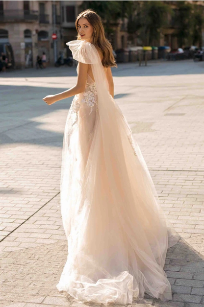 A-line Backless Train Sheer One-Shoulder Sleeveless Prom Party Dress With Applique