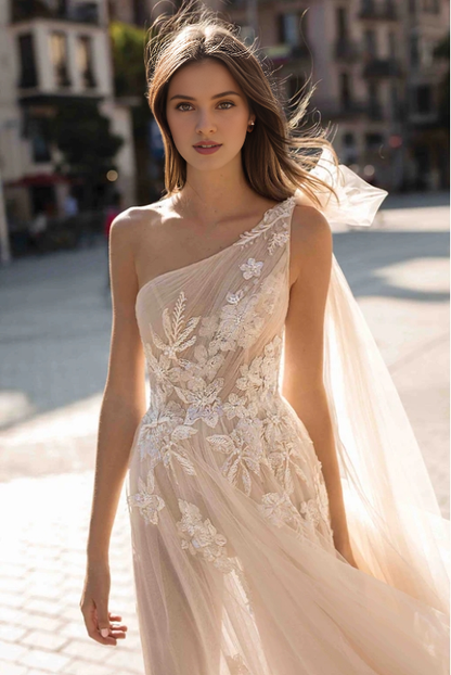 A-line Backless Train Sheer One-Shoulder Sleeveless Prom Party Dress With Applique