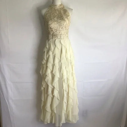 A-line Backless Women Buttery Cream Floral Metallic Chiffon Haltered Ruffle Long Gown