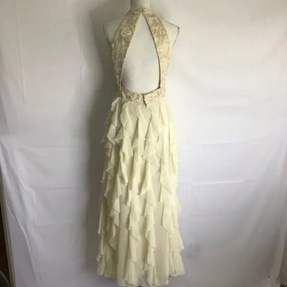 A-line Backless Women Buttery Cream Floral Metallic Chiffon Haltered Ruffle Long Gown