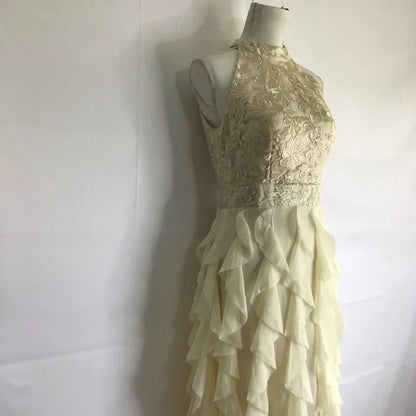 A-line Backless Women Buttery Cream Floral Metallic Chiffon Haltered Ruffle Long Gown