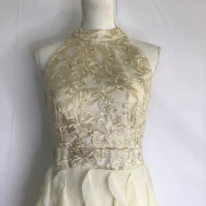 A-line Backless Women Buttery Cream Floral Metallic Chiffon Haltered Ruffle Long Gown