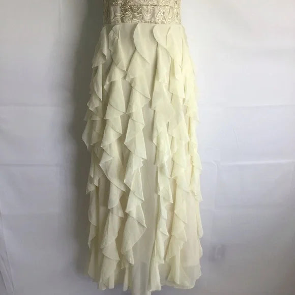 A-line Backless Women Buttery Cream Floral Metallic Chiffon Haltered Ruffle Long Gown