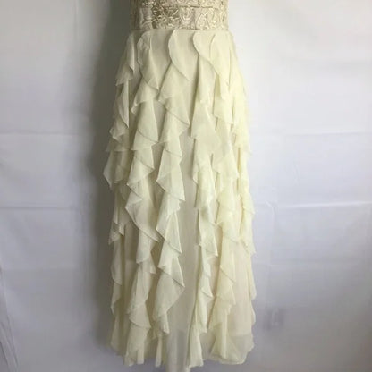 A-line Backless Women Buttery Cream Floral Metallic Chiffon Haltered Ruffle Long Gown