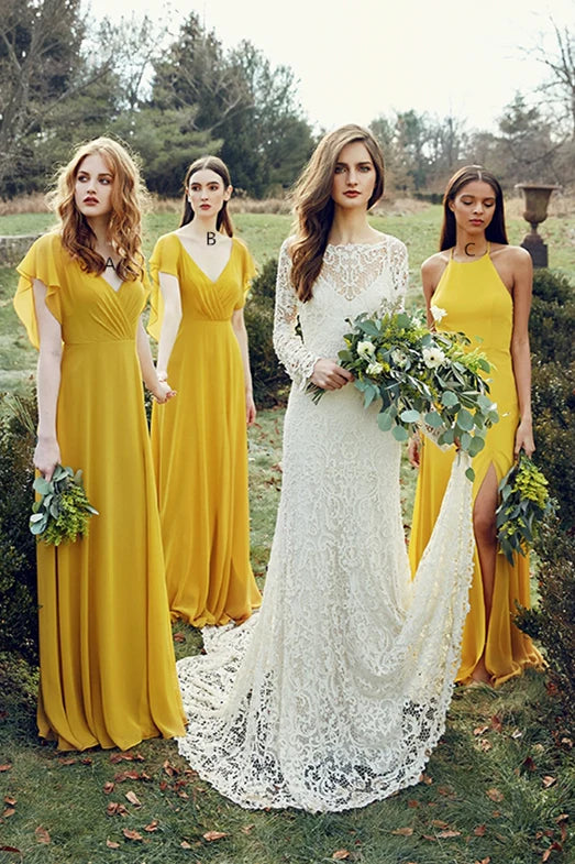 A-line Chiffon Floor-Length Mustard Yellow Bridesmaid Dresses/Dress Plus Size Formal