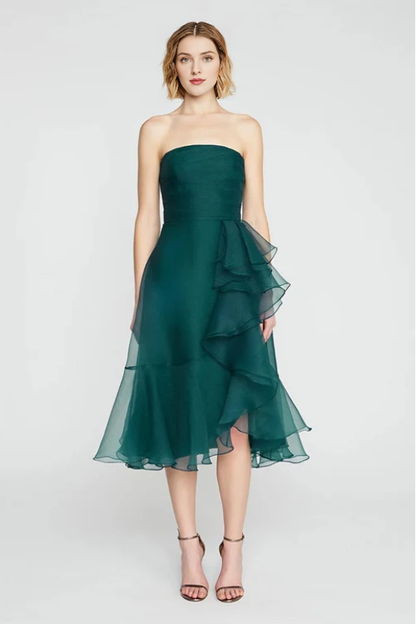 A-line Elegance Strapless Tea-Length Prom Party Dress With Ruffle