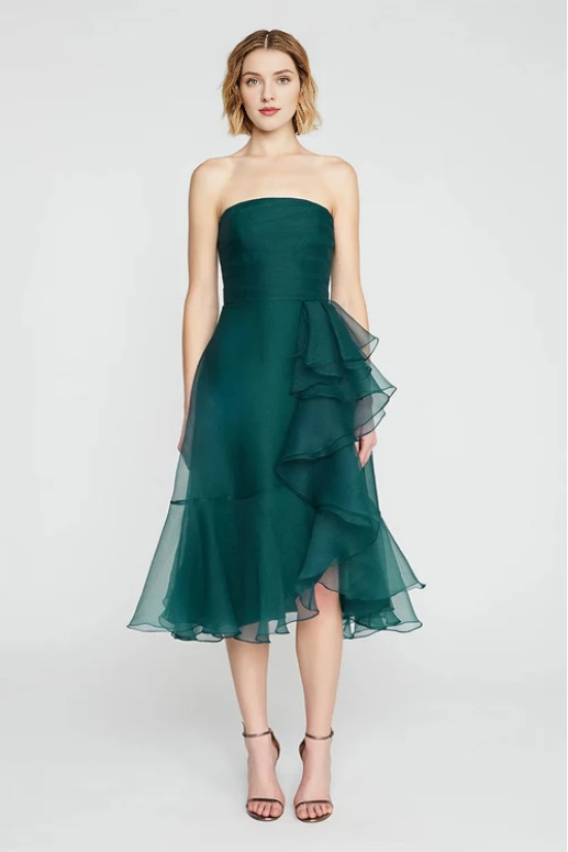 A-line Elegance Strapless Tea-Length Prom Party Dress With Ruffle