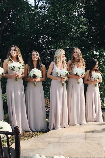 A-line Floor Length V-Neck Beige Chiffon Bridesmaid Dress/Formal Wear Dresses