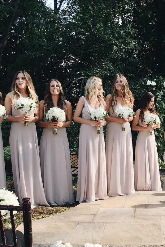 A-line Floor Length V-Neck Beige Chiffon Bridesmaid Dress/Formal Wear Dresses