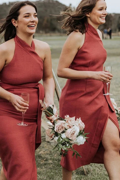 A-line Halter Tea-length Dark Coral Bridesmaid Dress with Belt/Dress Plus Size Formal