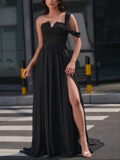 A-line/Princess One-Shoulder Appliques Lace Sweep Train Sleeveless Chiffon Corset Dress Prom Dress