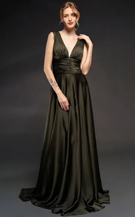 A-line Sleeveless Sheath Dress with Ruched Waist Floor Length Deep-v Back Prom Dress/Dress For Formal