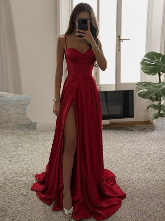 A-line Spaghetti Straps Ruffles Sweep Train Satin Corset Dress Solid Color Prom Dress