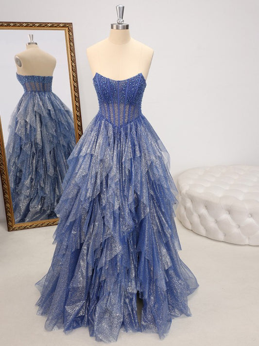 A-line Straight Cascading Ruffles Floor-Length Corset Dress Sleeveless Back Zip Prom Dress