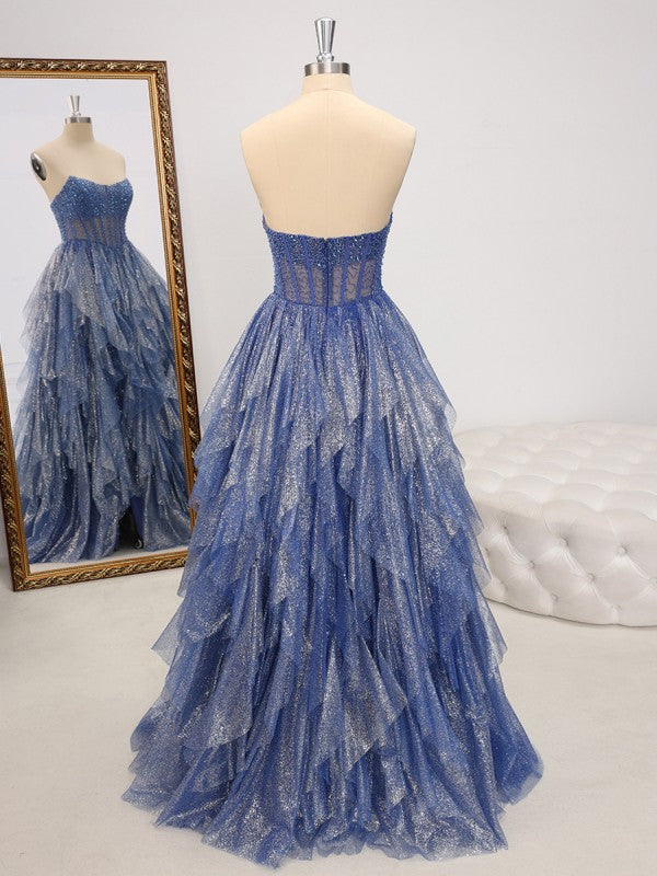 A-line Straight Cascading Ruffles Floor-Length Corset Dress Sleeveless Back Zip Prom Dress