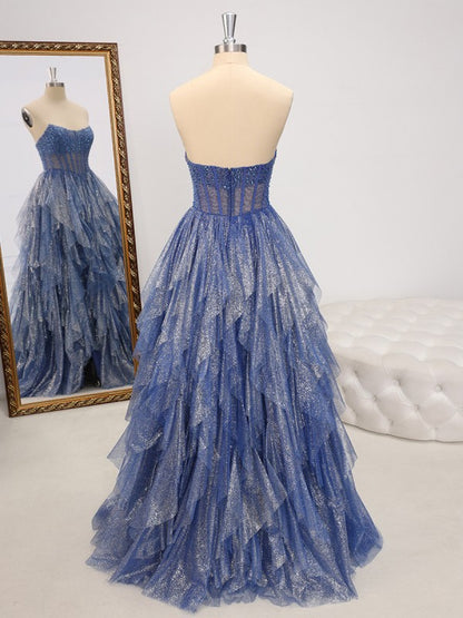 A-line Straight Cascading Ruffles Floor-Length Corset Dress Sleeveless Back Zip Prom Dress