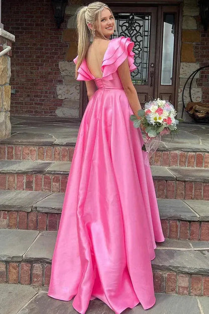 A-line V Neck Satin Backless Ruffles Hot Pink Prom Party Dresses