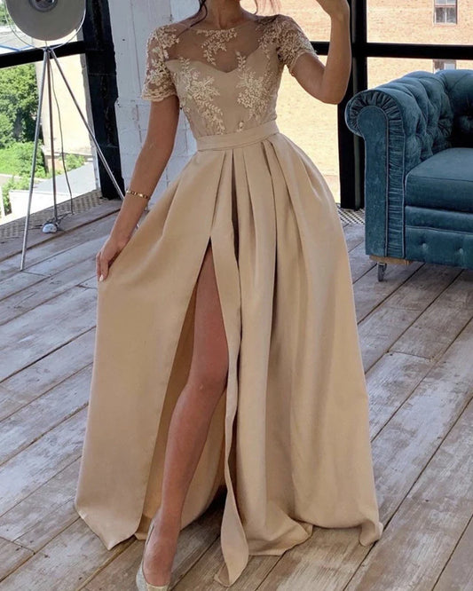 A-line Champagne Bridesmaid Prom Dresses Short Sleeves Split With Applique