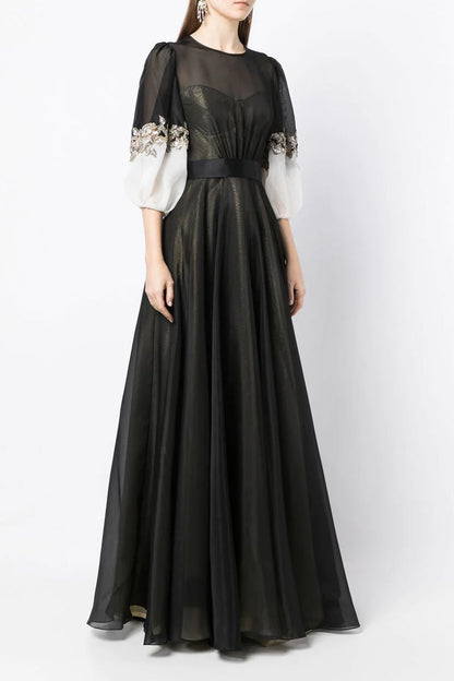 A-line Medium Sleeves Round Neck Tulle Prom Dress With Floor Length