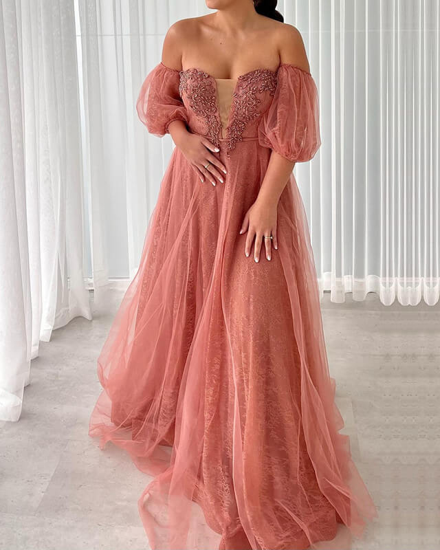 A-line Off-the-Shoulder Coral Tulle Puffy Sleeve Evening Prom Dress