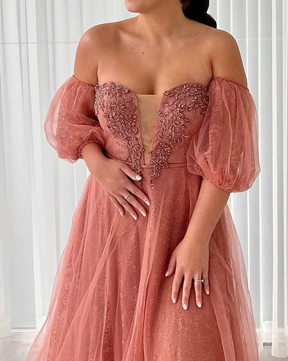A-line Off-the-Shoulder Coral Tulle Puffy Sleeve Evening Prom Dress
