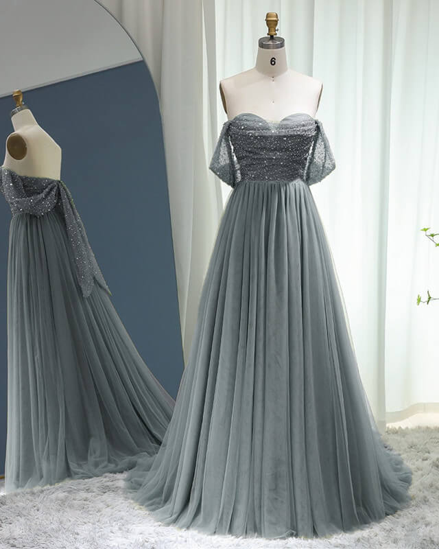 A-line Off-the-Shoulder Tulle Beading Prom Dress With Bow