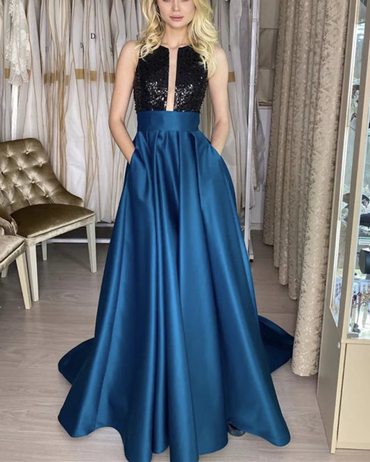 A-line Sleeveless Sequins Beaded Satin Prom Dresses With Pockets