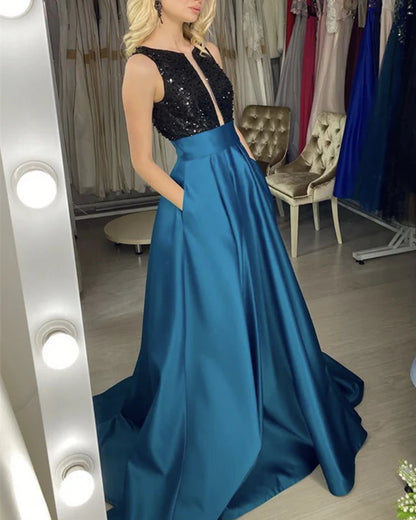 A-line Sleeveless Sequins Beaded Satin Prom Dresses With Pockets