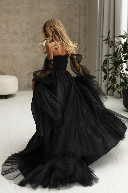 A-line Slit Black Long Sleeve Tulle Off-the-Shoulder With Train