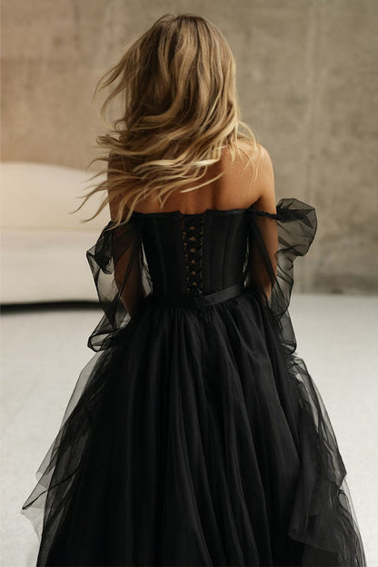 A-line Slit Black Long Sleeve Tulle Off-the-Shoulder With Train