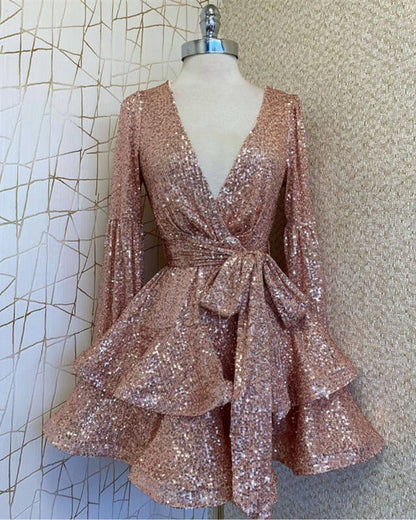 A-line Sparkly Long Sleeve Rose Gold Deep V-neck Sequin Dress
