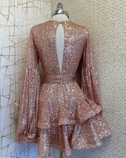 A-line Sparkly Long Sleeve Rose Gold Deep V-neck Sequin Dress