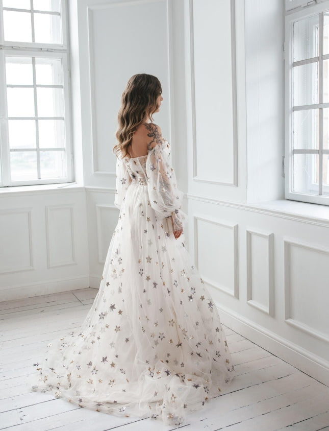 A-line Strapless Off-the-Shoulder Champagne Gown With Stars Wedding Dress Long Sleeves Prom Party Dress