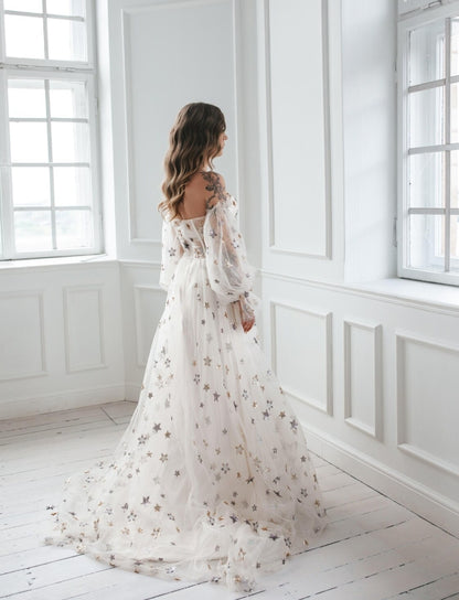 A-line Strapless Off-the-Shoulder Champagne Gown With Stars Wedding Dress Long Sleeves Prom Party Dress