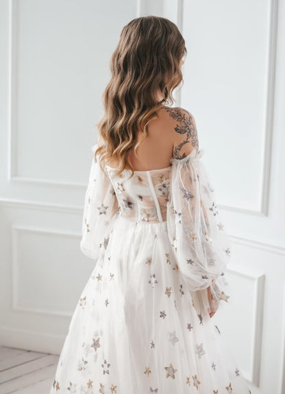 A-line Strapless Off-the-Shoulder Champagne Gown With Stars Wedding Dress Long Sleeves Prom Party Dress